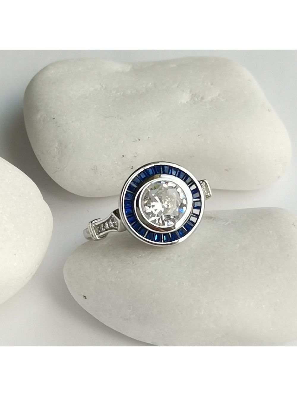Art Deco White and Blue Sapphire Ring in Sterling Silver engagement